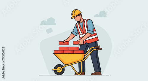 Construction Worker Loading Bricks into Wheelbarrow.