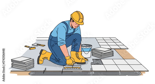 Construction worker laying tiles on a floor with precision.