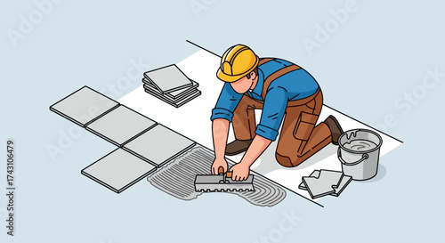 Tiler Applying Adhesive to Floor for Tile Installation.