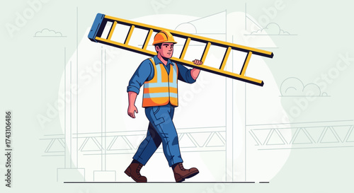 Construction Worker Carrying Ladder on Shoulder in Building Site.