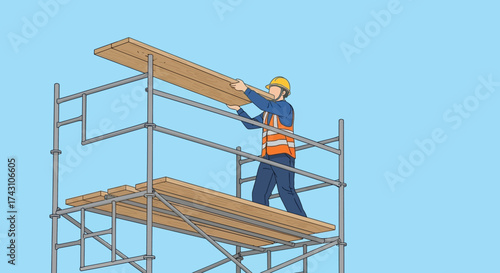 Construction worker assembling scaffolding on a construction site.
