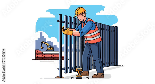 Construction Worker Installing Fence with Safety Gear.