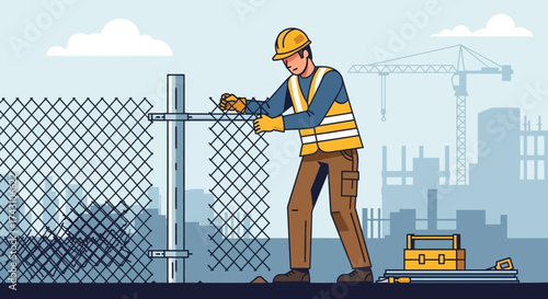 Construction Worker Securing Chain Link Fence on Construction Site.