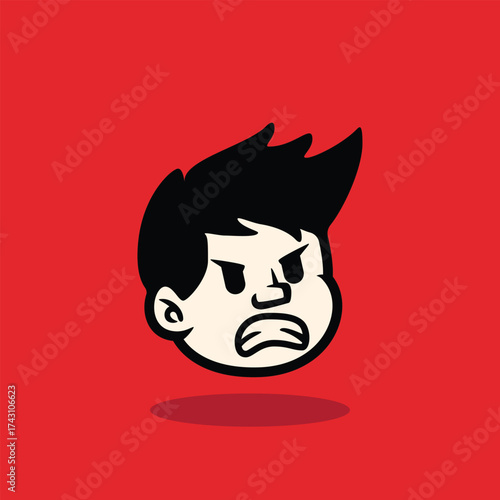 Cartoon boy face with spiky hair and confident smile. Bold outline, flat vector style on red background. Perfect for mascot, avatar, sticker, emoji, and branding. EPS vector file