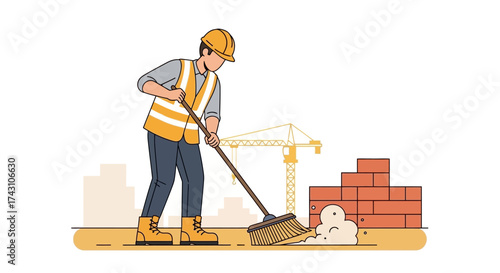 Construction Worker Sweeping Debris at Building Site.