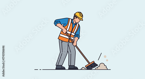 Construction Worker Sweeping Debris with Broom on Construction Site.