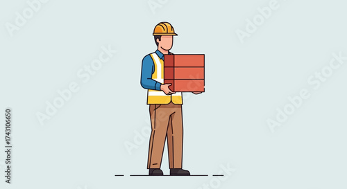 Construction Worker Carrying Bricks with Safety Gear.