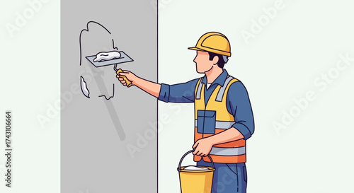 Construction Worker Repairing Wall with Trowel and Bucket.