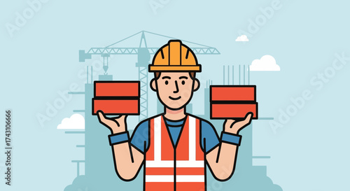 Construction Worker Holding Bricks in Front of Building Site.