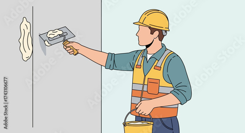 Construction Worker Applying Plaster to Wall with Trowel.