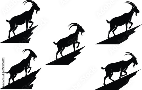 Mountain goats silhouettes climbing rugged rocky terrain, wildlife illustration, alpine animals, nature strength, wilderness adventure, horned mammals, steep cliff landscape, agility