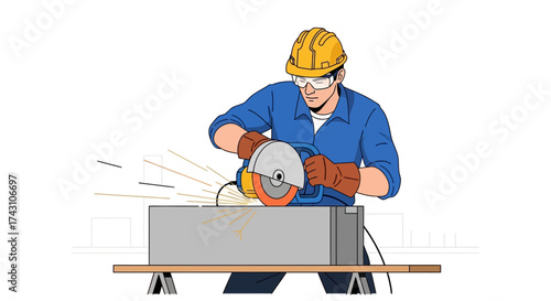 Construction Worker Cutting Metal with Safety Gear.