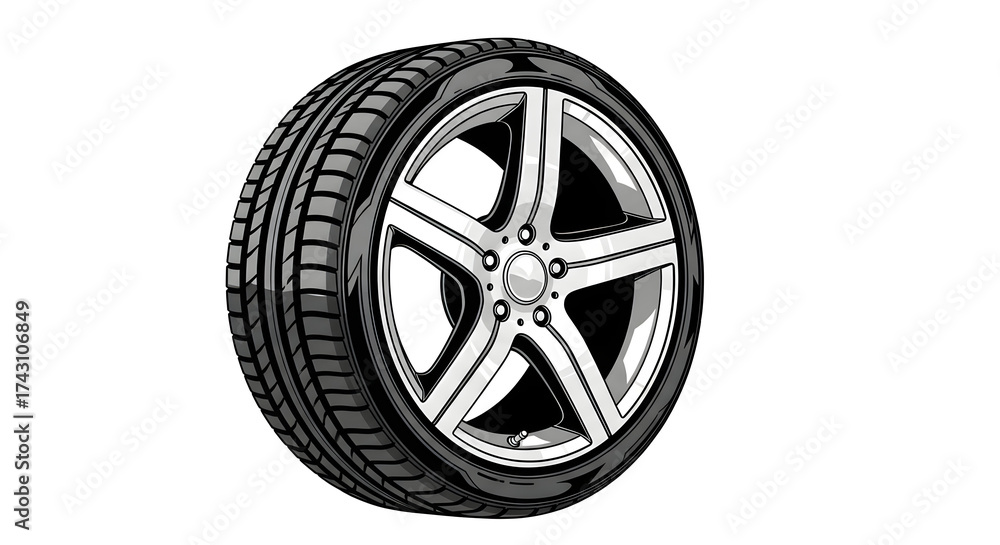 Obraz premium A modern car wheel with a high-performance tire and a silver alloy rim isolated on a white background.