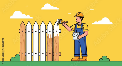 Man diligently painting a wooden fence with white paint.