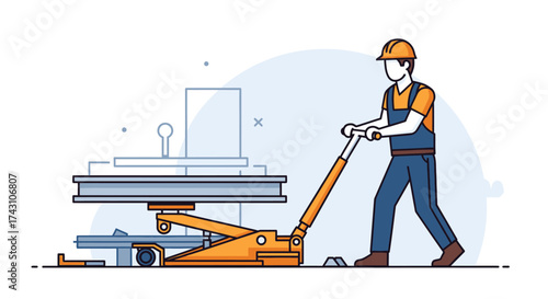 Worker operating a hydraulic jack to lift heavy materials.