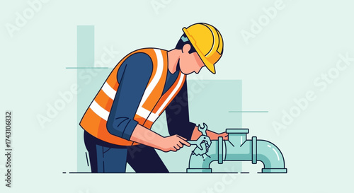 Plumber Repairing Pipes with Wrench Wearing Safety Gear and Hard Hat.