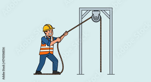 Construction Worker Operating Pulley System with Focused Effort.