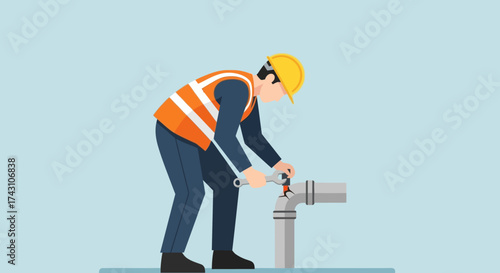 Construction Worker Tightening Pipe with Wrench in Safety Gear.