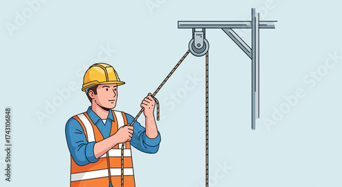 Construction Worker Using Pulley System for Lifting.