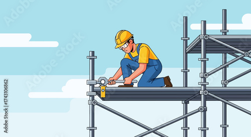 Construction Worker Assembling Scaffolding with Focus and Precision.