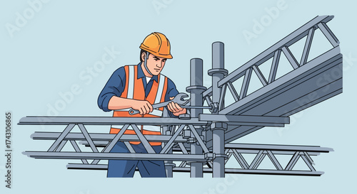 Construction Worker Assembling Scaffolding with Safety Gear.
