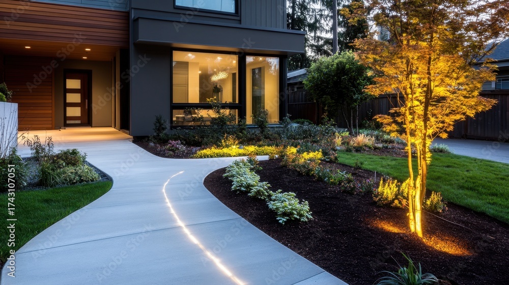Fototapeta premium Contemporary front yard path lit with soft, warm lights and modern landscape design