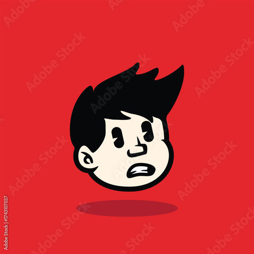 Cartoon boy face with spiky hair and confident smile. Bold outline, flat vector style on red background. Perfect for mascot, avatar, sticker, emoji, and branding. EPS vector file