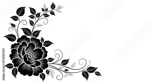Elegant black and white floral corner ornament with a stylized peony, leaves, and swirling tendrils on a white background.