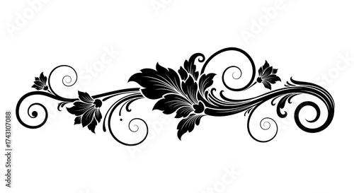 An elegant black floral scroll design with intricate leaves and swirling vines, creating a classic decorative divider element on a white background.