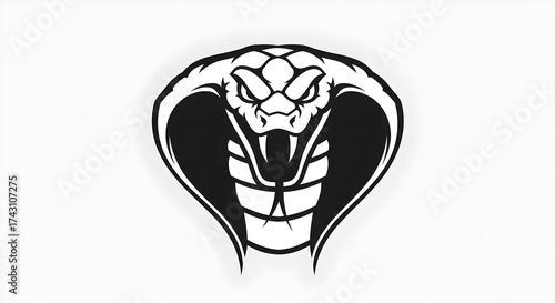 A fierce black and white graphic of a cobra snake head with its hood spread and fangs exposed.