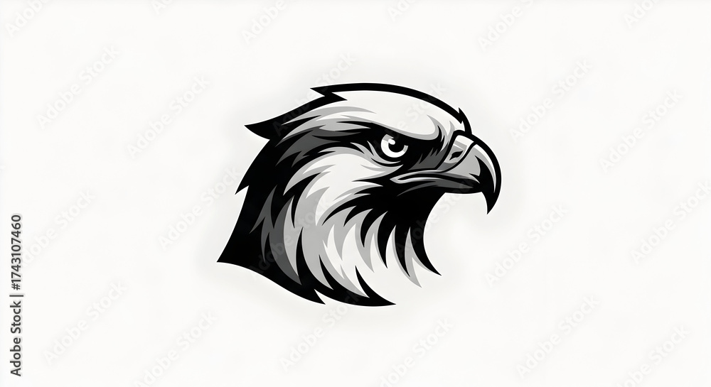 Obraz premium A fierce eagle head mascot illustrated in a bold black and white graphic style on a plain background.