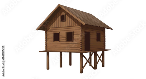 A wooden house on stilts with a gable roof and two windows is seen