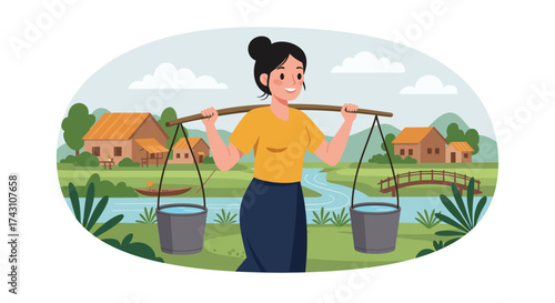 Woman carries buckets of water on yoke in village landscape simple illustration