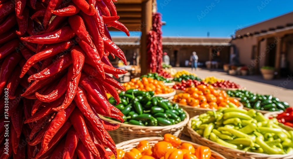 Fototapeta premium Southwestern market with colorful chile ristras and baskets of peppers. Perfect for food blogs, travel brochures, and promoting New Mexico cuisine and culture.