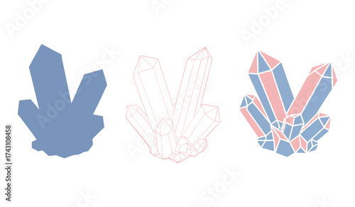 A set of three crystal cluster illustrations in blue pink and outline styles mineral quartz