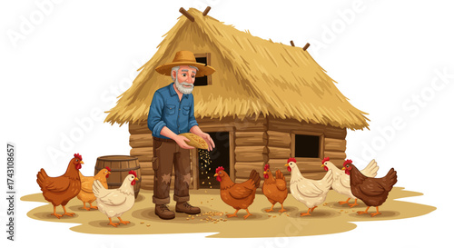 A farmer feeds chickens near a strawroofed log cabin