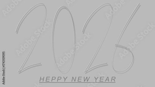 A clean, modern, and minimalist New Year 2026 greeting. The illustration features the numbers "2026" rendered in an elegant, flowing script or line art style with a subtle silver or metallic 3D effect