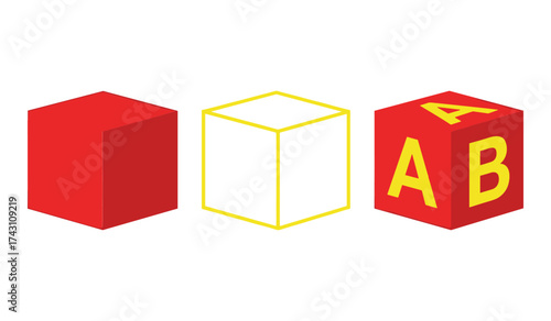 A set of three isometric cubes one solid red one outlined in yellow and one red with yellow letters A and B block