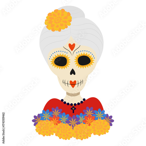 Elderly Woman Sugar Skull with Flower in Hair and Decor on Face Day of the Dead Stylized Character