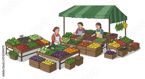 Openair market scene with sellers at stalls full of produce under a greenstriped awning