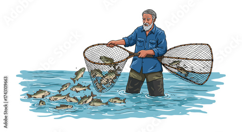 Man wades in water releasing fish from two nets
