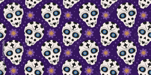 Decorated Sugar Skulls and Flowers Seamless Pattern on Purple Day of the Dead Backdrop Banner Format