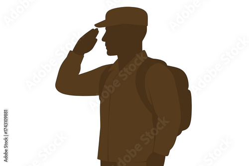 Soldier saluting while wearing a uniform and backpack for Remembrance Day  