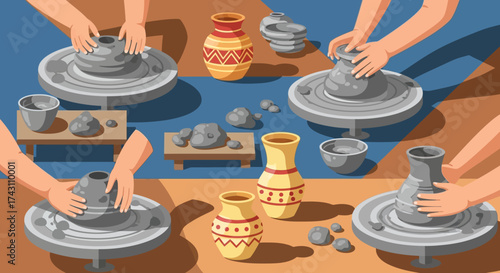 Pottery Workshop - Hands Shaping Clay on Wheels, Crafting Vases and Bowls.