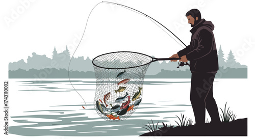Fisherman with net full of fish river backdrop
