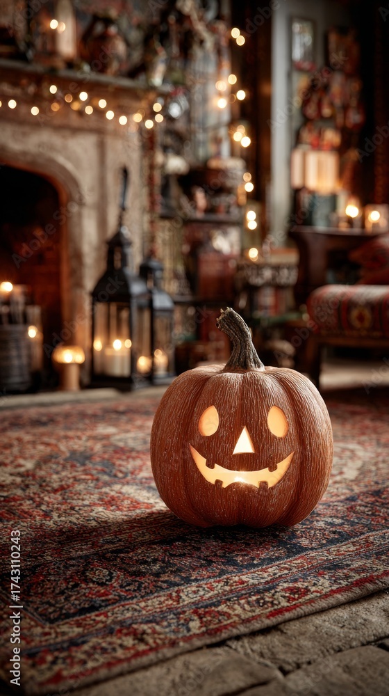Obraz premium Whimsical autumn glow: halloween pumpkin with fairy lights. High-end fashion. A cheerful pumpkin illuminated by gentle fairy lights on a fireplace. Opulent look. Lavish clothing.