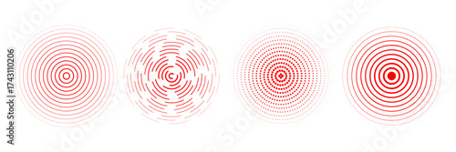 Red radial concentric circle set. Rippled, dashed and dotted rings for epicenter, target, radar, earthquake shockwave symbols. Sound wave signal collection. Vector expansive vibration elements