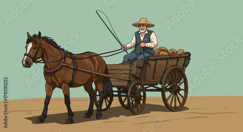 A horse pulls a wooden cart laden with produce driven by a farmer in a straw hat on a rural path