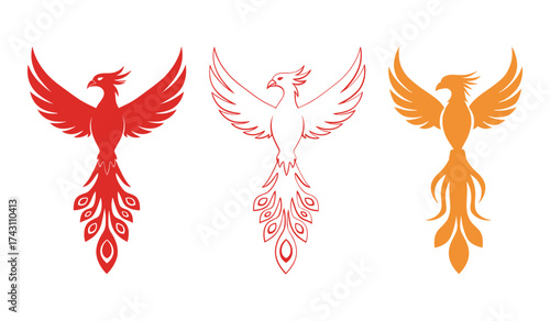 A set of three stylized phoenix bird emblems in red and orange on white background mythical creature legend