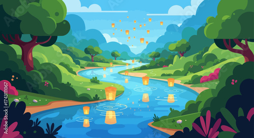 River Lanterns - A Serene Cartoon Landscape with Floating Lights.